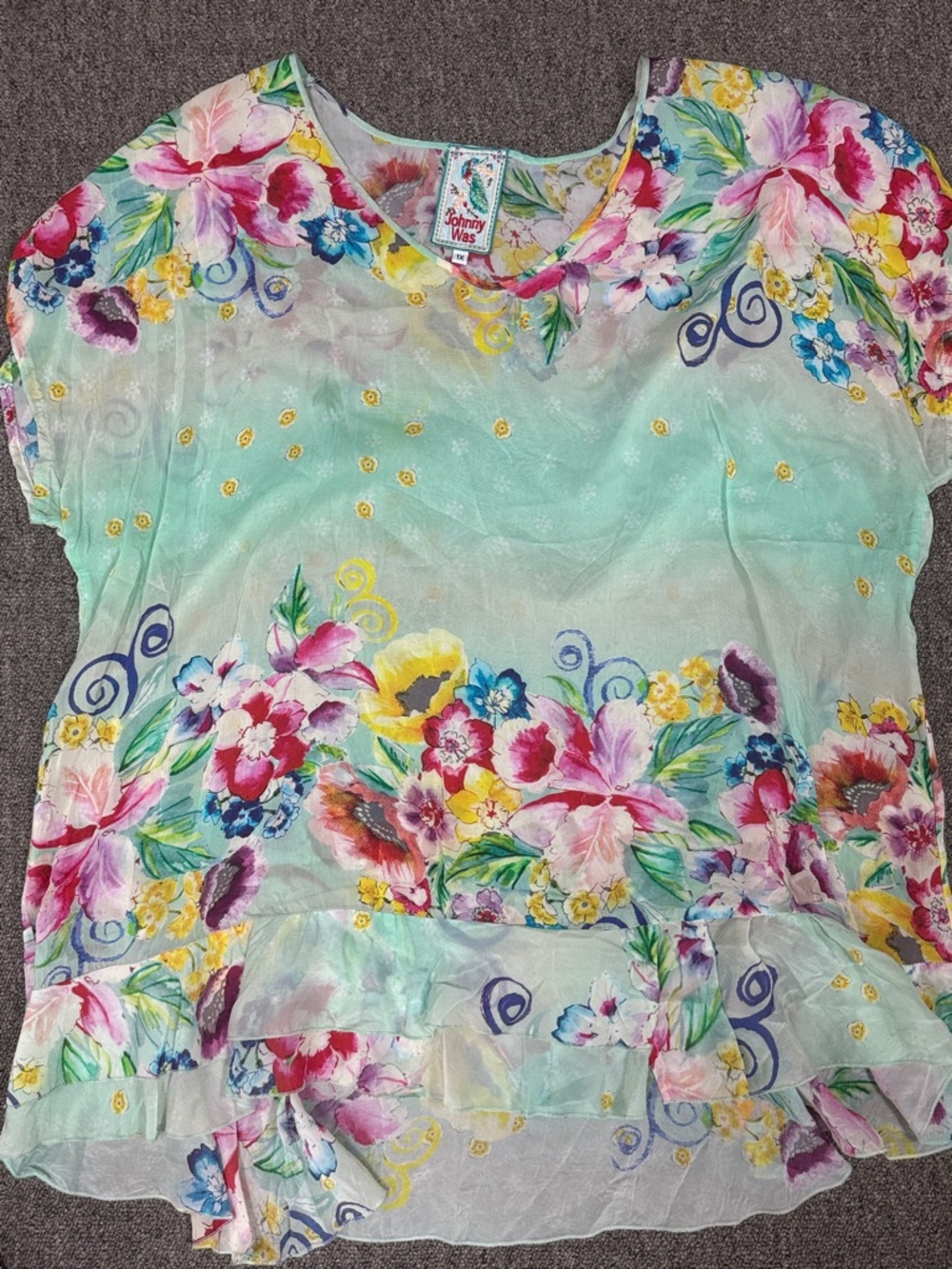 Johnny Was Floral Watercolor Sheer Top in Mint, Pink, Yellow, Blue - Picture 5 of 9